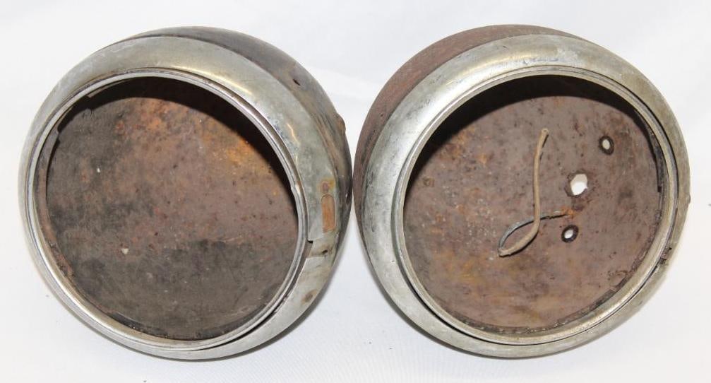Pair of 1930's Automobile Headlights B-L-C: 8.5" x 8" x 8" each, both are missing the internal reflectors and outer lenses