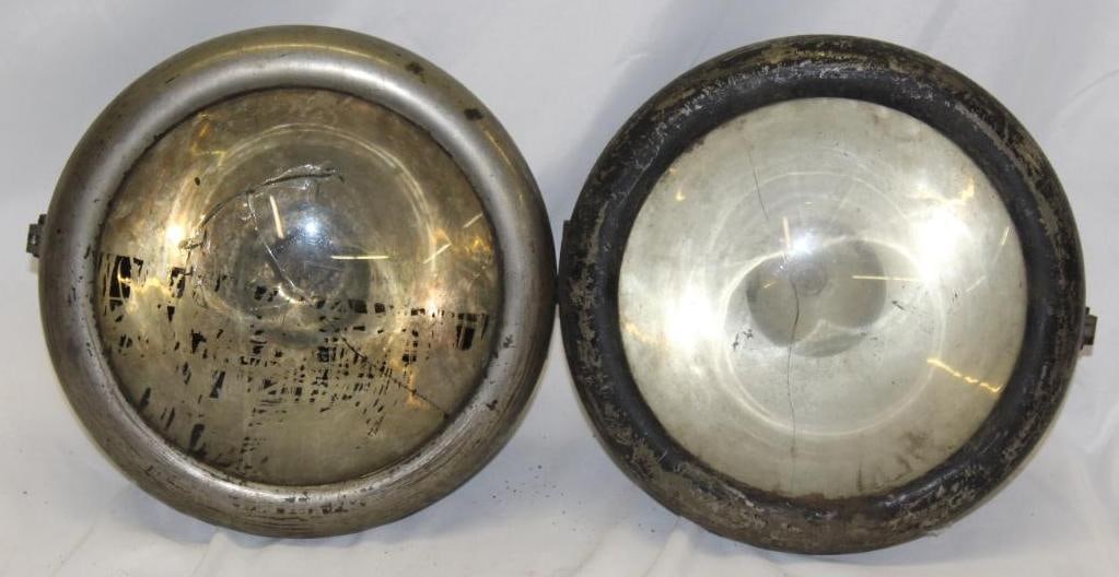 Pair of Brass Cadillac Headlights: 12" x 12" x 8" each, both lenses are cracked