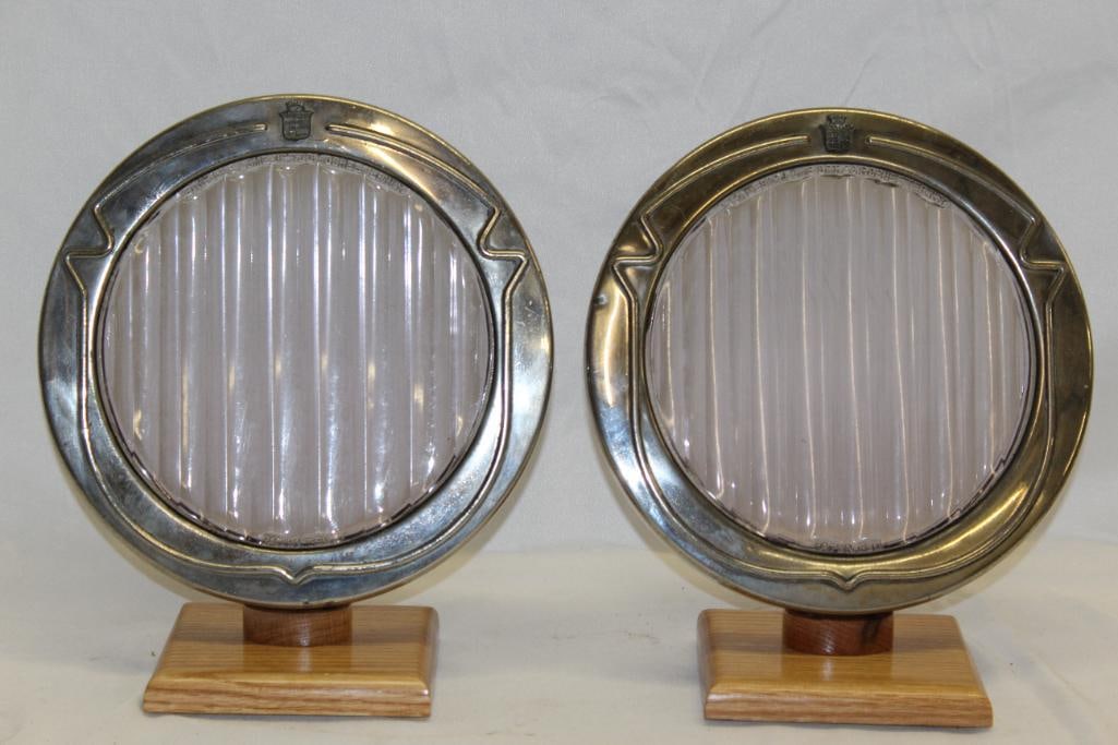 Pair of 1920's Cadillac Headlight Lenses and Rings w/ Emblems (1 of 6)