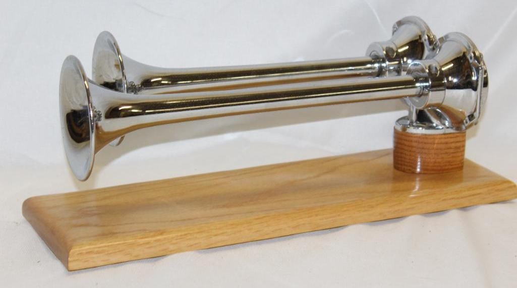 Grover Products Chrome Automobile Horns: mounted to high quality custom oak base, 17" x 7" x 6" including base