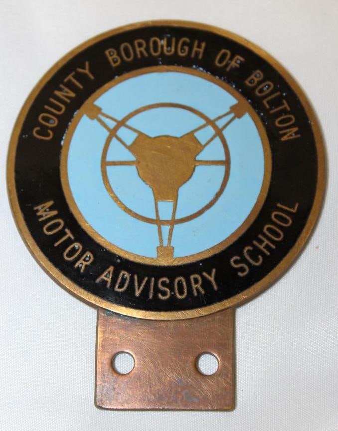Bolton Motor Advisory School Club License Plate Topper Badge: cloisonne 3.75" x 3"