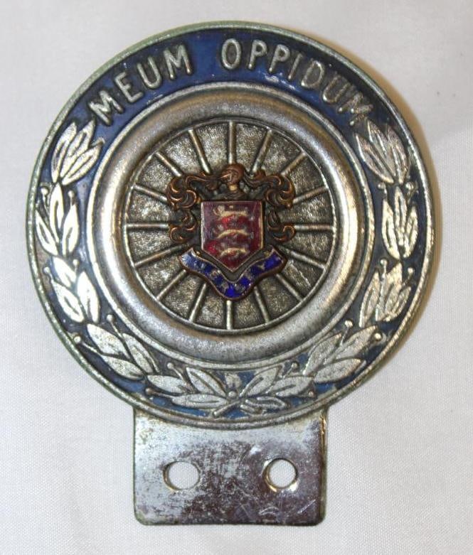 Jersey Meum Oppidum Auto Club License Plate Topper Badge: 3.75" x 3"
