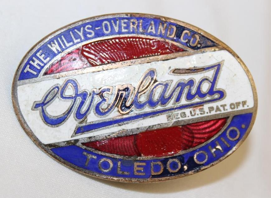 1915-1919 Willy's Overland Motor Car Co Radiator Emblem Badge: cloisonne 2.5" x 1.75"