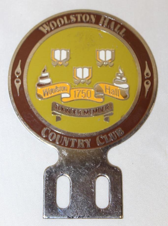 Woolston Hall Country Club Auto Plate Topper Badge: 4.25" x 3"