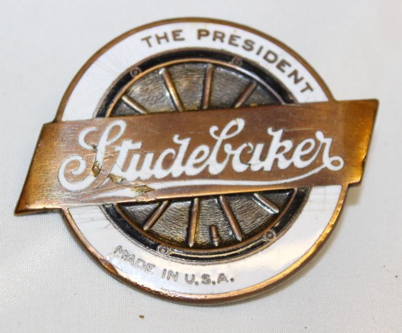 1926-1927 Studebaker President Motor Car Co Radiator Emblem Badge: cloisonne 2.25" x 2.75", marked made in USA