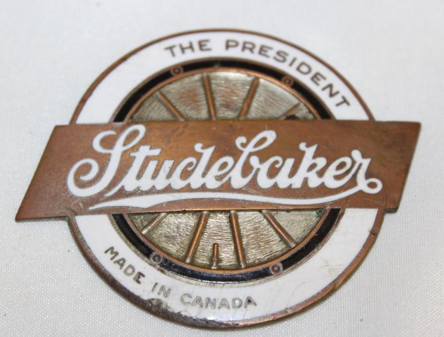 1926-1927 Studebaker President Motor Car Co Radiator Emblem Badge: cloisonne 2.25" x 2.75", marked made in Canada