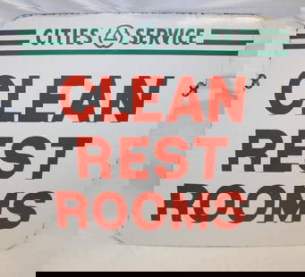 Cities Service Clean Restrooms Porcelain Advertising Sign: 24" x 24", has good color and gloss, and only a few small chips in the field as well as a little wear along the edges