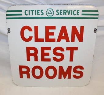 Cities Service Clean Restrooms Porcelain Advertising Sign: 24&#34; x 24&#34;, has good color and gloss, and only a few small chips in the field as well as a little wear along the edges