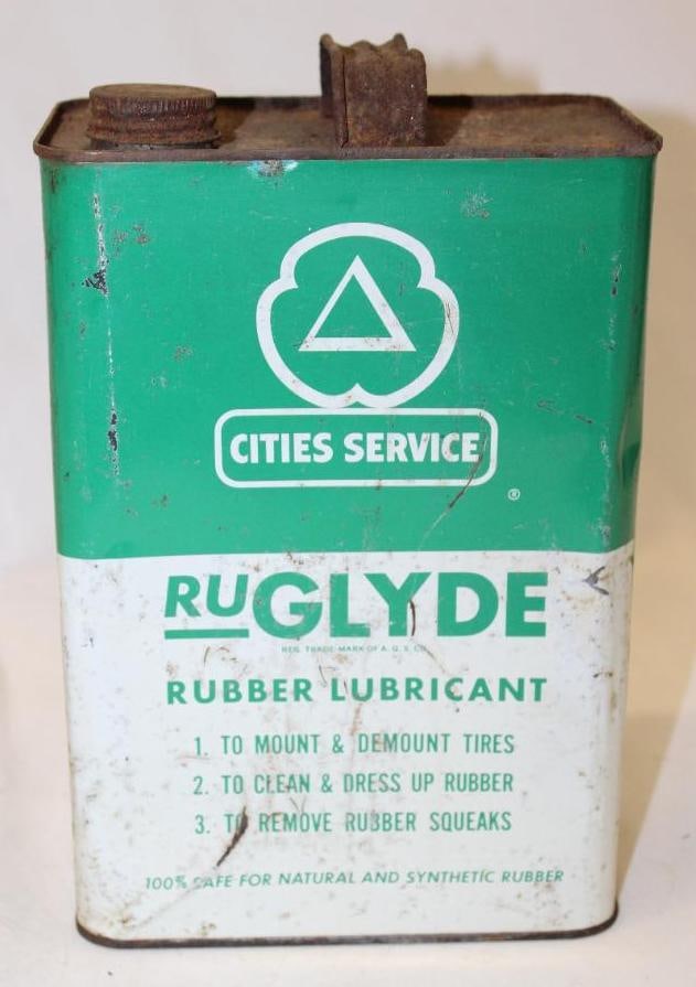 Cities Service 1 Gallon RuGlyde Rubber Lubricant Can: 10" x 4" x 6.5", there is some rust staining and scratches throughout