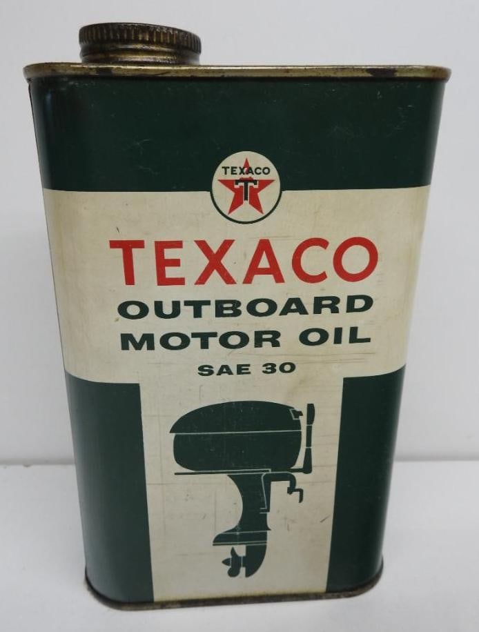 Texaco Outboard Motor Oil Flat Quart Can: Empty metal flat quart can with minor wear