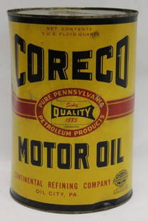 Coreco Quality Metal 5 Quart Motor Oil Can: 9.5" x 6.5", drained from two holes in the bottom lid, light staining and wear throughout