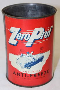 Graphic Zero Pruf Metal 1 Quart Oil Can: 5.5&#34; x 4.5&#34;, missing the top lid, in very good condition with only minor wear