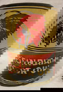 Red Indian Motor Oil Five Quart Imperial Gallon Can: Empty metal can with a couple spots of surface wear, missing top lid