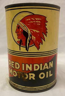 Red Indian Motor Oil Five Quart Imperial Gallon Can: Empty metal can with a couple spots of surface wear, missing top lid