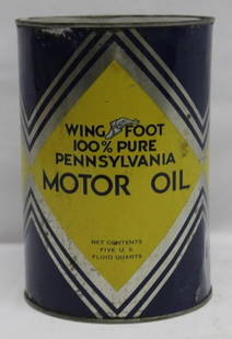 Goodyear Wing Foot Penn Metal 5 Quart Motor Oil Can: 9.5" x 6.5", drained from two holes in the bottom lid, has some discoloration and rust spots throughout, slightly heavier on reverse