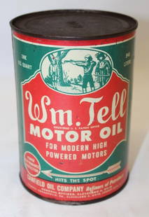 Wm. Tell Canfield Graphic Metal 1 Quart Oil Can: 5.5&#34; x 4.5&#34;, it is full, some very light fading and wear on the front, some rust staining on the reverse