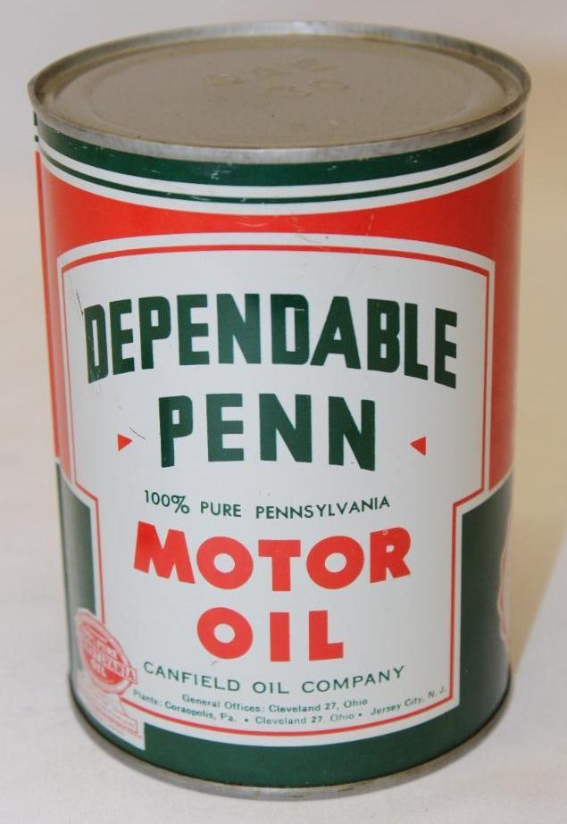 Canfield Dependable Penn Metal 1 Quart Oil Can: 5.5" x 4.5", drained by one hole in the bottom lid, in very good condition with only light wear, this is the crimped seam version