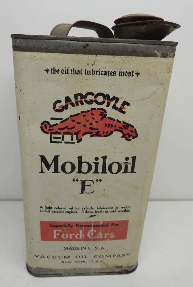 Mobiloil Gargoyle E Ford Cars Gallon Oil Can: Empty gallon can with some light fade and surface wear throughout