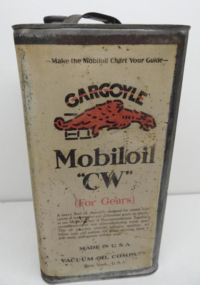 Mobiloil Gargoyle CW Gallon Oil Can: Empty gallon can with dents on reverse, some light fade and surface wear throughout