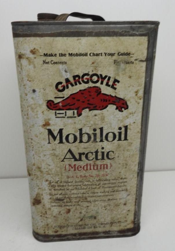 Mobiloil Gargoyle Artic Five Quart Oil Can: Empty square five quart oil can with some wear throughout