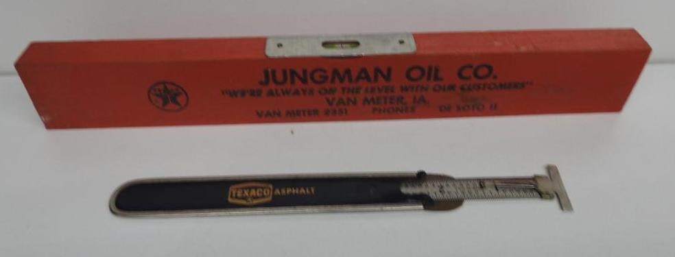 Texaco Level and Slide Rule: Each in fair to good condition, size of largest 12" long