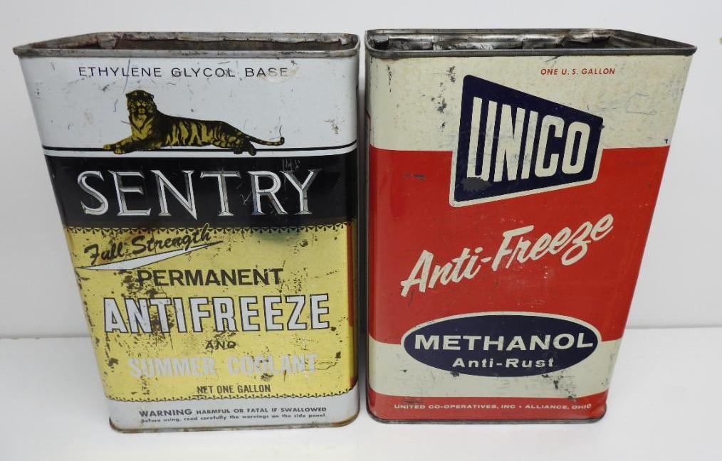Unico and Sentry Anti-Freeze Gallon Cans: Empty metal cans in fair condition, each is missing one lid