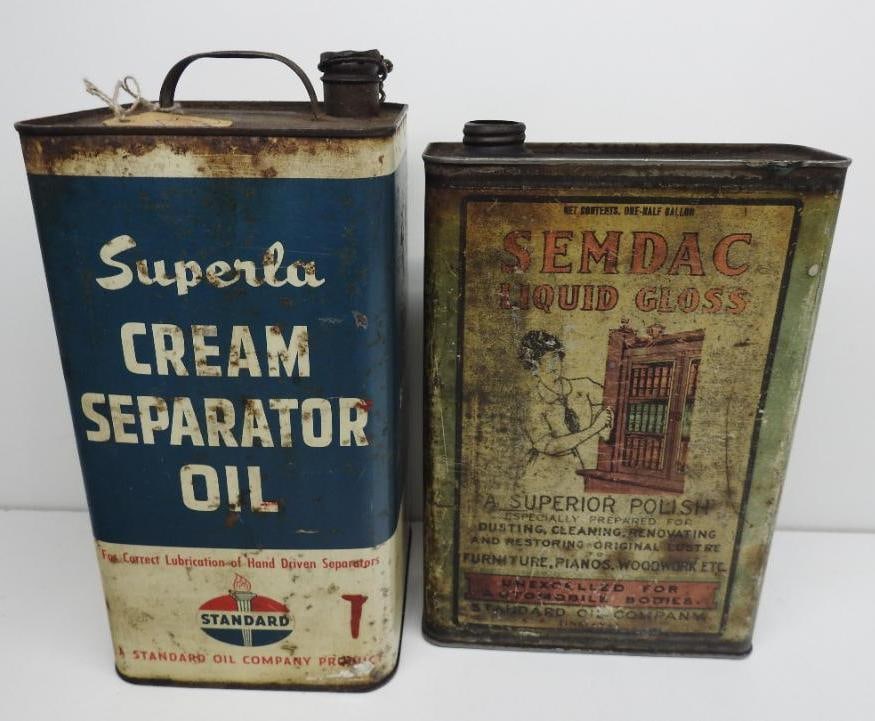 Standard Superla and Semdac Oil Cans: One is a gallon and other a half, both in fair to poor