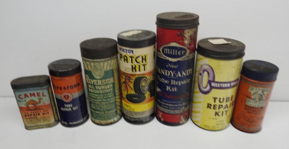 Group of 7 Tire Repair Kits: Each in fair to good condition, size of largest stands 7" tall