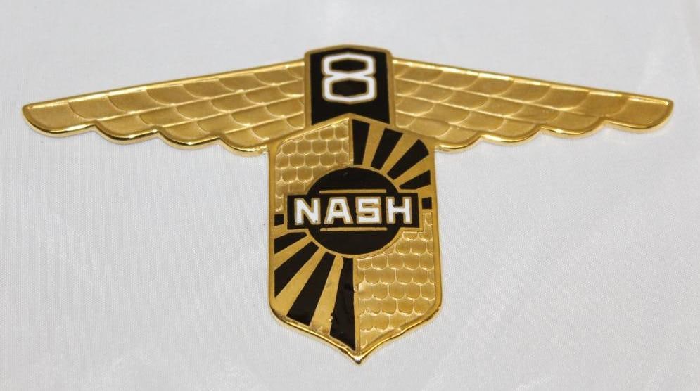 1930-1931 Nash Motor Car Co 8 Radiator Emblem Badge: cloisonne 5.5" x 3", this original emblem has been professionally restored