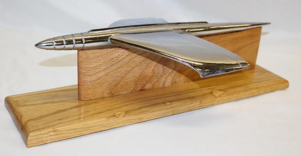 1953 Kaiser Motor Car Co Radiator Mascot Hood Ornament: mounted to high quality custom oak base, 20" x 10" x 5.5" including base