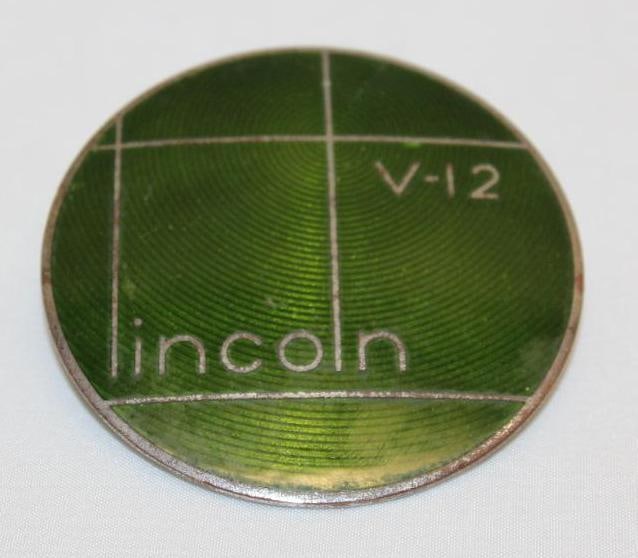 1935-1940 Lincoln V12 Custom Green Radiator Emblem Badge: cloisonne 3" diameter, this emblem was a custom ordered color