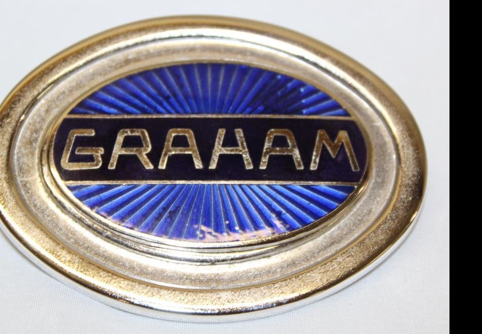 1934 Graham Paige Luggage Rack Emblem Badge: cloisonne 2.5" x 3.5"