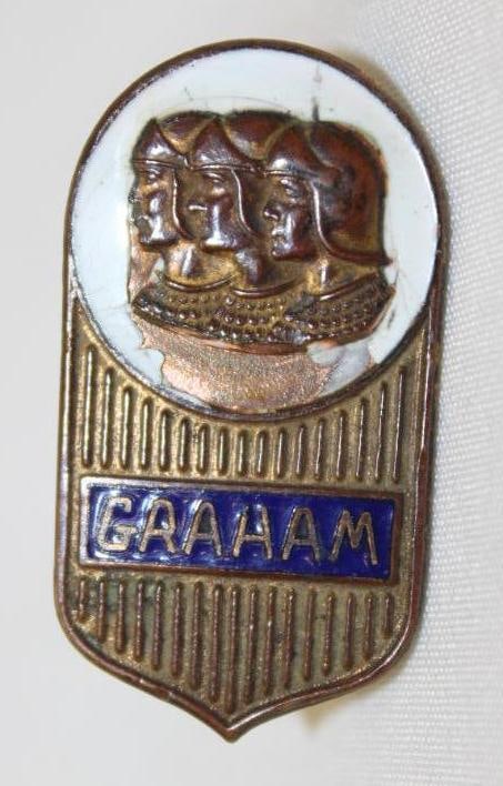 1930 Graham Paige Headlight Bar Emblem Badge: 1.5" x .75"