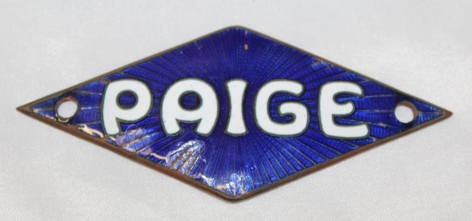 1916-1918 Paige Motor Car Co Radiator Emblem Badge: cloisonne 4" x 1.75"