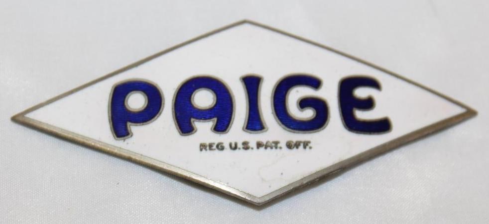 1919-1927 Paige Motor Car Co Radiator Emblem Badge: 4" x 1.75", small Reg. US. Pat. Off.