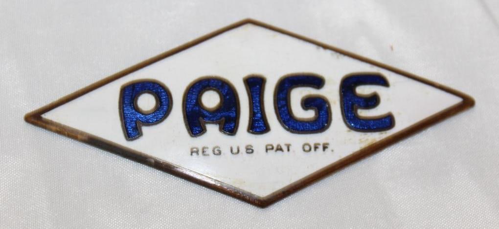 1919-1927 Paige Motor Car Co Radiator Emblem Badge: 4" x 1.75", medium Reg. US. Pat. Off.