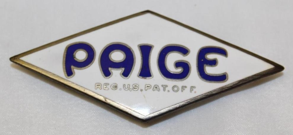 1919-1927 Paige Motor Car Co Radiator Emblem Badge: 4" x 1.75", large Reg. US. Pat. Off.