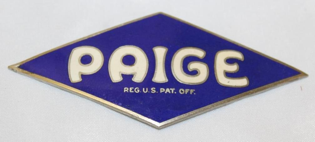 1919-1927 Paige Motor Car Co Radiator Emblem Badge: cloisonne 4" x 1.75"