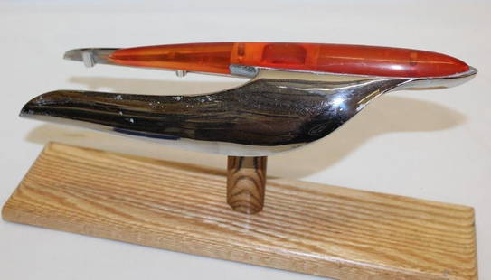 1949-1953 Lincoln Mercury Radiator Mascot Hood Ornament: mounted to high quality custom oak base, 15" x 4" x 7.5" including base, w/ orange illuminated top piece