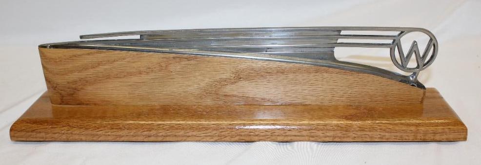 1940 Willys Radiator Mascot Hood Ornament: mounted to high quality custom oak base, 17" x 3.5" x 4" including base