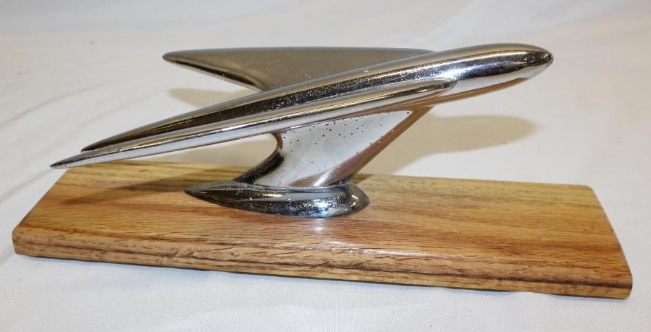 1953 Willys Radiator Mascot Hood Ornament: mounted to high quality custom oak base, 13" x 6.5" x 4.5" including base