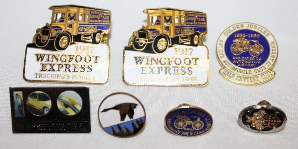 Group of 7 Automobile Club Pin Badges: AACA, Packard, Ford, Wills Sainte Claire, largest 1.5" x 1.5"