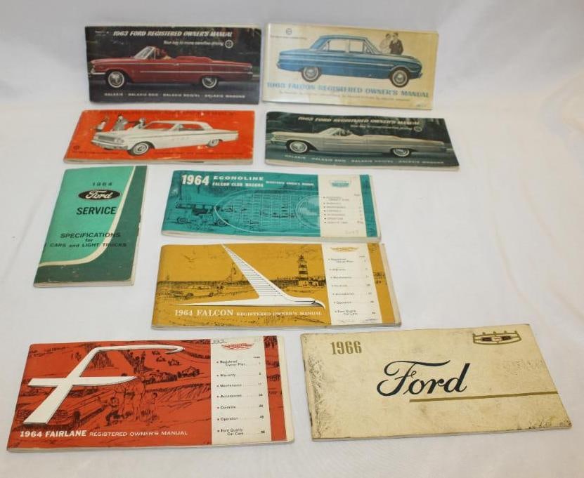 Group of 9 1963-1966 Ford Falcon Galaxy Fairlane Owners Manuals: 9" x 4" each
