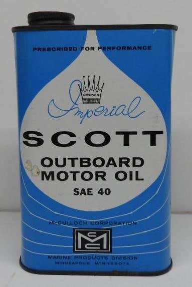 Scott Imperial Outboard Motor Oil Flat Quart Can: Empty flat quart can, overall good condition with a couuple small wear spots