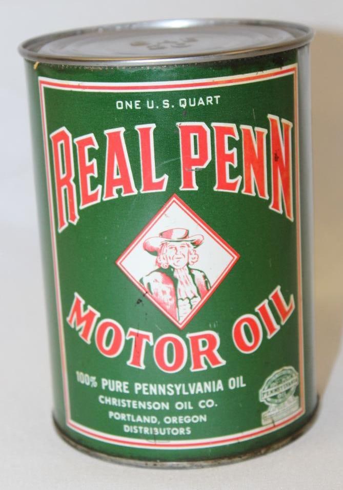 Real Penn Metal 1 Quart Motor Oil Can: top lid has been replaced, in good condition with only light wear and scratches, 5.5" x 4"