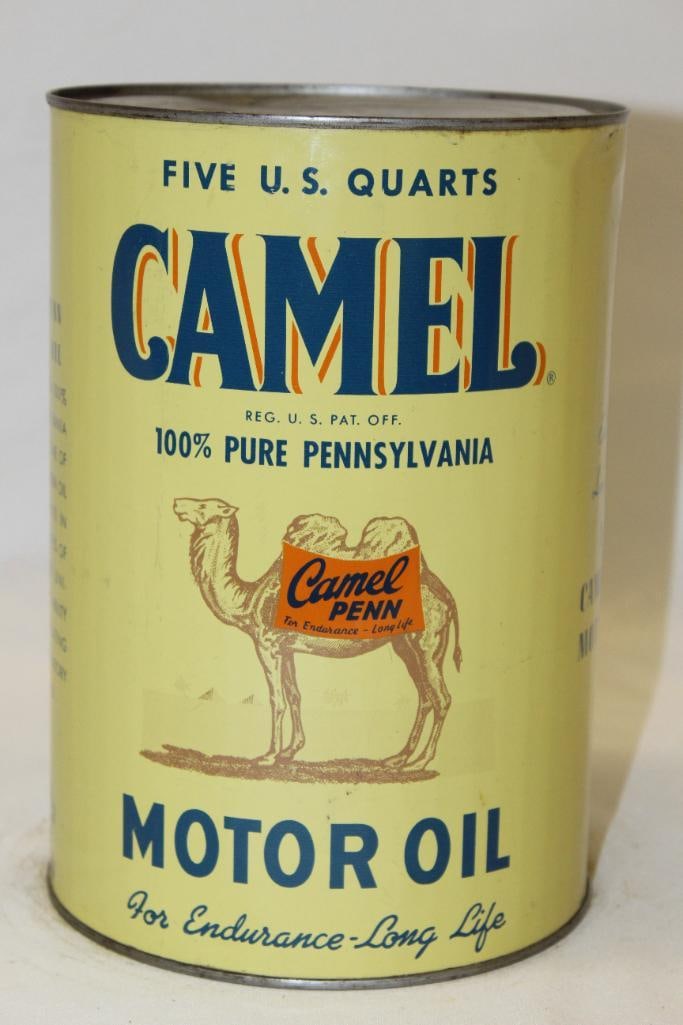 Camel Penn of NY Metal 5 Quart Motor Oil Can: drained by two holes in the top lid, in very good condition with only minor wear and rust staining on reverse, 9.5" x 6.5"