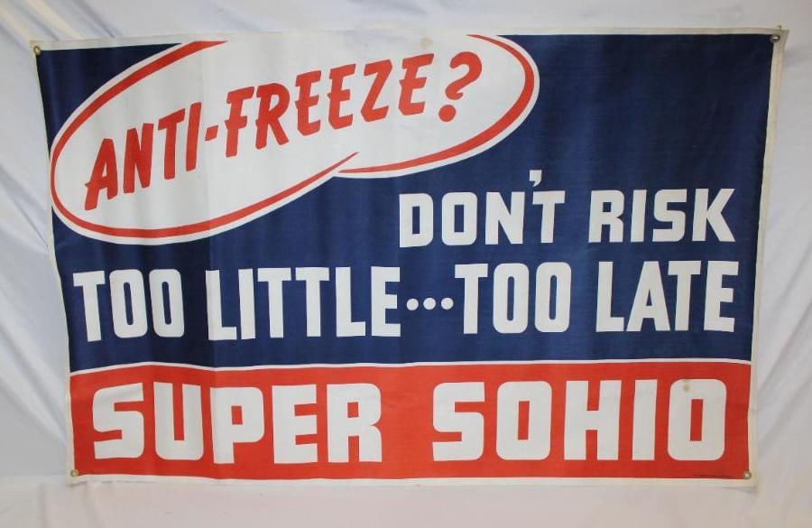 Super Sohio Antifreeze Advertising Canvas Banner: 57" x 36", in very good condition with only a couple of small stains
