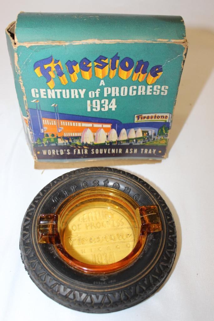 1934 Firestone Chicago's World Fair Advertising Tire Ashtray w/ Amber Glass (1 of 7)