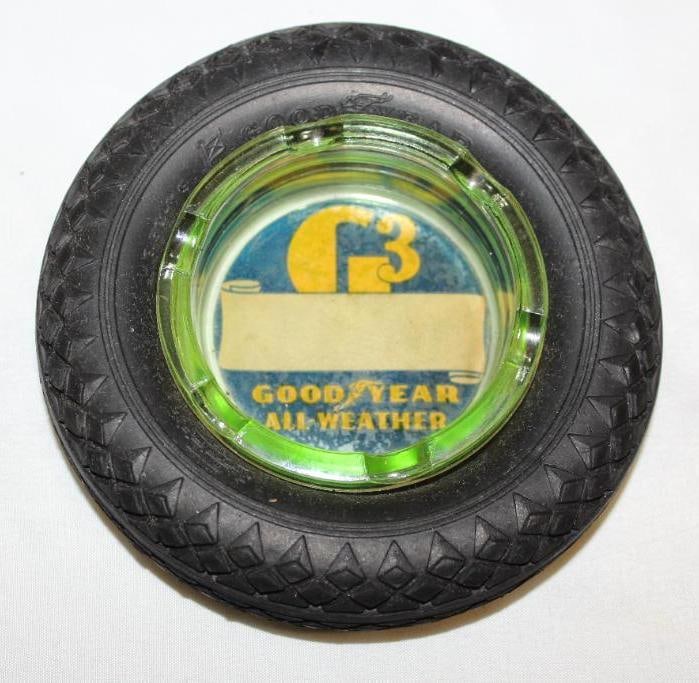Goodyear All Weather G3 Advertising Tire Ashtray w/ Green Glass: 5.5" diameter