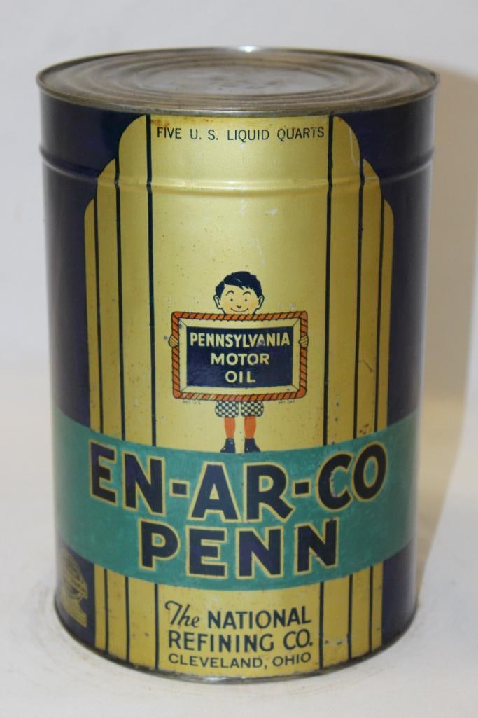 En-Ar-Co Penn Metal 5 Quart Motor Oil Can: has both lids without any holes, can appears to have some touchups and has been clear coated, 9.5" x 6.5"